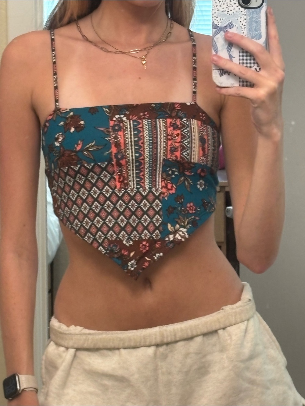 Boho Patchwork Handkerchief Hem Cami Top - Teal Floral